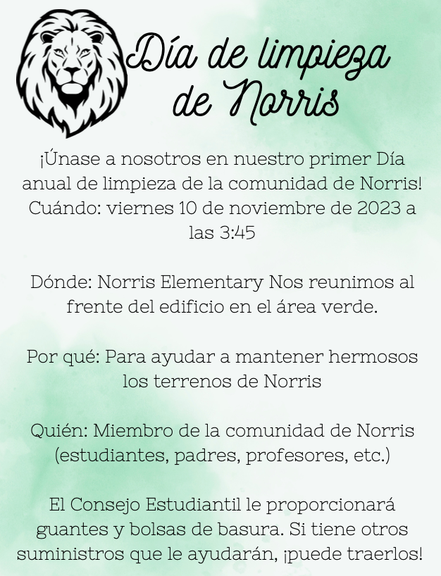 NorrisElem's tweet photo. Join the Norris Student Council for our first annual Norris Community Clean Up Day on November 10th! https://t.co/dECseLpfnv
