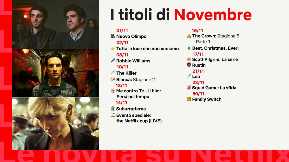 NetflixIT's tweet photo. Novembre inizia con Ferzan Ozpetek e Nuovo Olimpo, prosegue con i crimini di The Killer e di Suburræterna, arriva a corte per la prima parte dell’ultima stagione di The Crown e si chiude con un po’ di competitività con Squid Game: La Sfida. https://t.co/ON2s1mZdp7