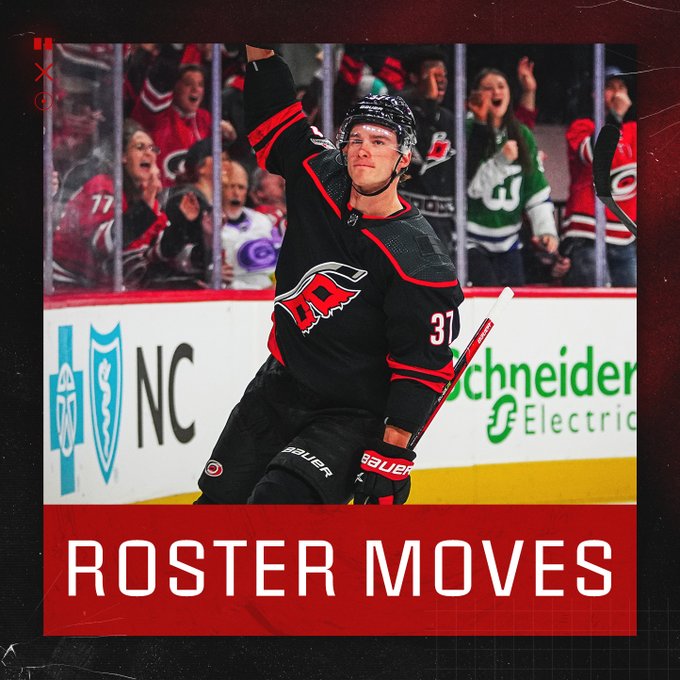 Graphic announcing roster moves featuring a photo of Andrei Svechnikov
