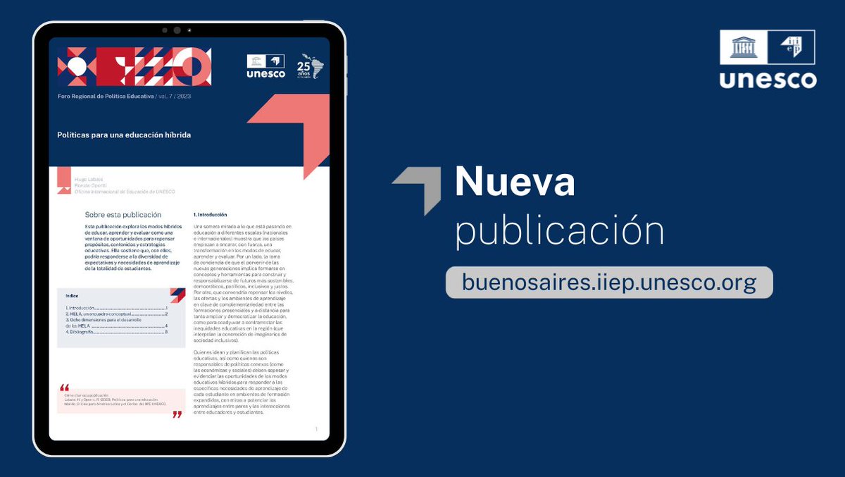 Lograr la complementariedad entre la educación presencial y a distancia puede desempeñar un papel fundamental para un mundo más sostenible e inclusivo 🌎📚 Acceda al documento “Políticas para una educación híbrida” y conozca más sobre esta propuesta ➡️ bit.ly/3PPUv5R