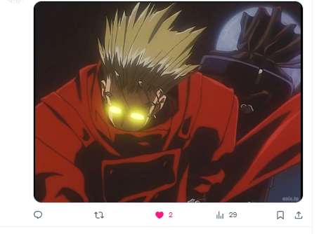 ValdrickV's tweet photo. I know I won't shut the fuck up today because work is too slow but a reply on one of my posts that is literally just a picture of Vash the Stampede being tagged for "offensive content" is so fucking funny to me https://t.co/9TJWyRhAjz