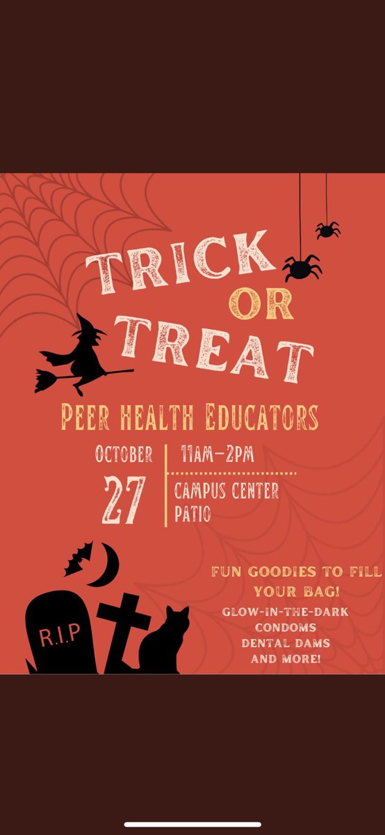PeerHealthSMCM's tweet photo. Don’t forget about our trick or treat event at the campus patio today!! See you there! https://t.co/AEVw4D7Wmv