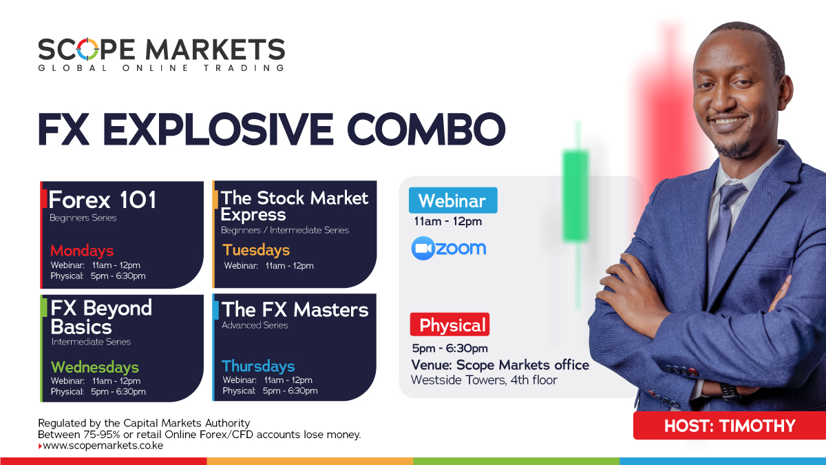 ScopeMarketsKE's tweet photo. Book your spot for an insightful session ⬇
Online
Forex 101
https://t.co/P1oU7n2fek
The Stock Market Express
https://t.co/muQuLZd55p
FX Beyond Basics
https://t.co/r2Vy1Qx1oe
The FX Masters
https://t.co/AsUrRJKKGW
Physical
https://t.co/CjVxGTNLGa
#ScopeMarketsKe #Education https://t.co/EzoeF8Rk4f