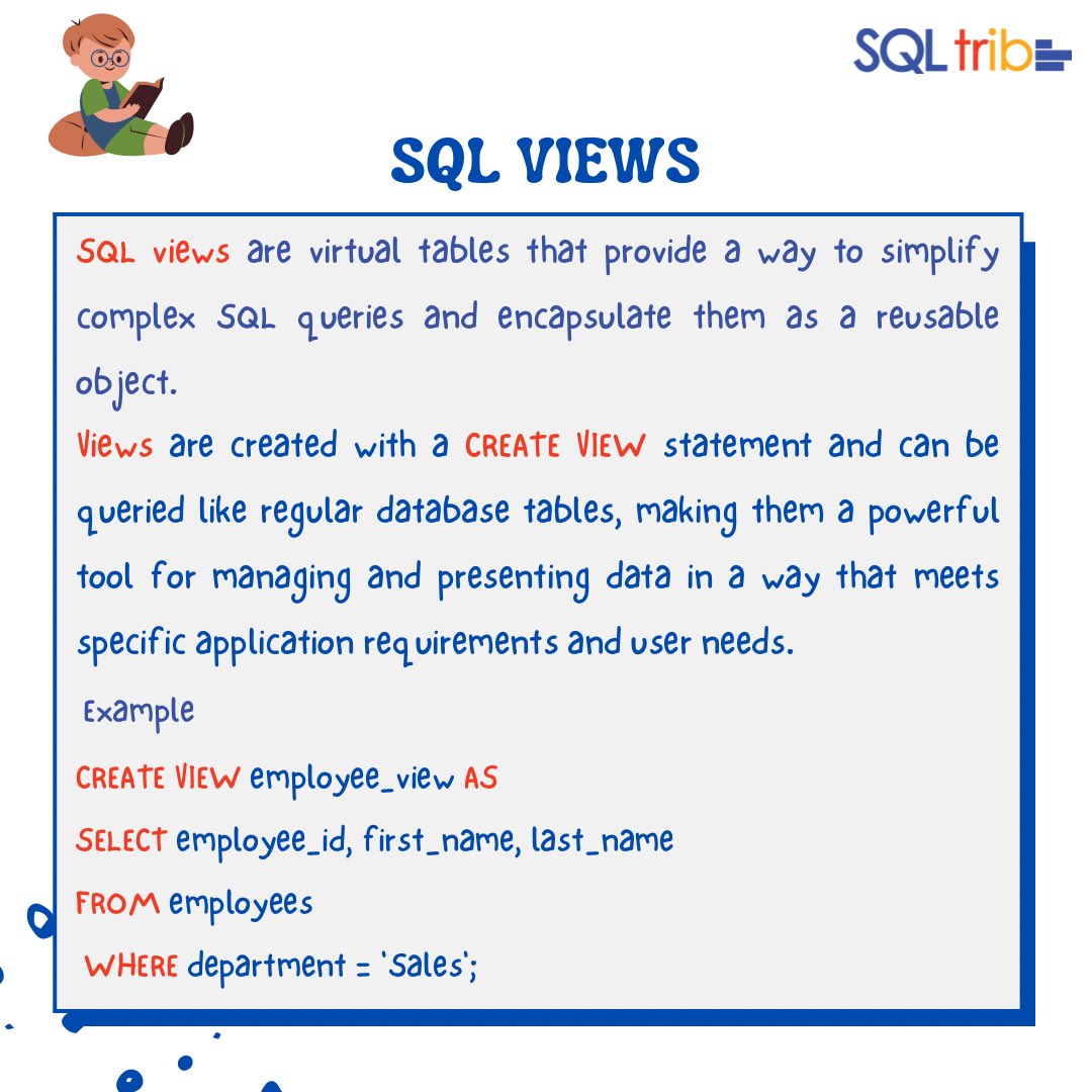 thesql_tribe's tweet image. Views are a powerful feature in SQL databases and are commonly used for various purposes, such as providing simplified access to data, enhancing security, and improving query efficiency.
Share this with someone who would find this helpful❤️.
#sqlviews #datascience #data