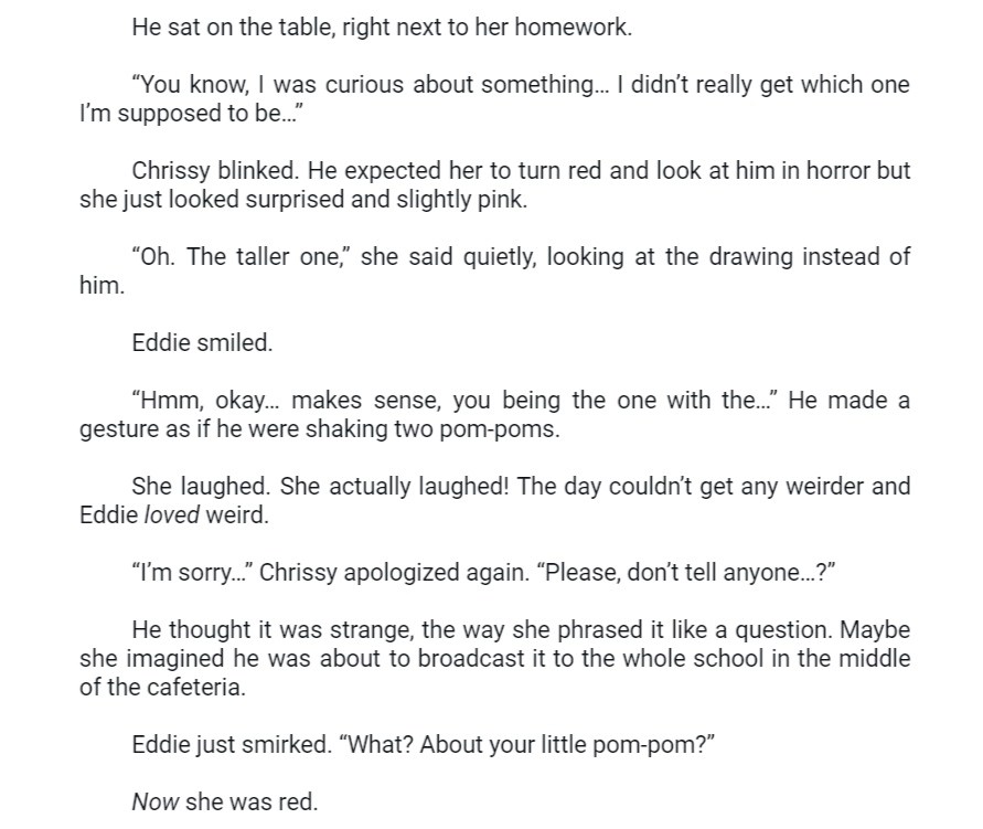 maidenesque's tweet photo. just remembered i started a secret admirer chrissy au the other day so what if...
chrissy leaves a cute note in his locker and eddie later sees her drawing bunnies at the library and finds out it was her? π€¨πππ₯° #hellcheer #hellcheerweek #hellcheerweek2023 @hellcheerweek https://t.co/fa7QBPrHsG