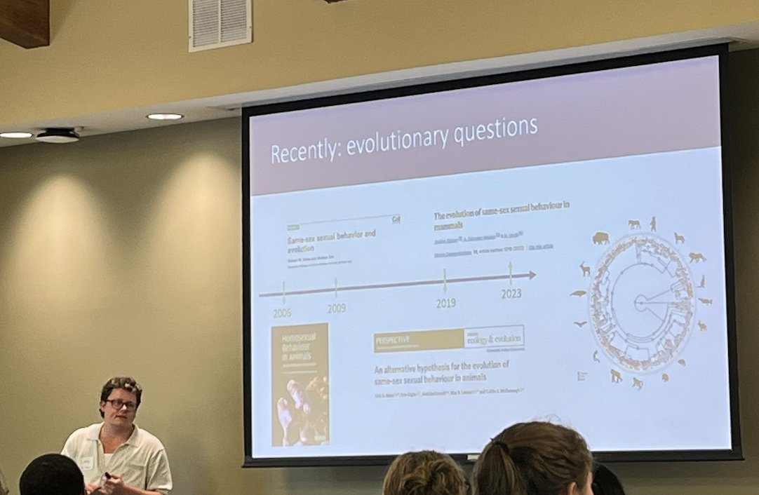 SouthEasternEHB's tweet photo. Libby Cunningham gave a great review of the history and mechanisms of same-sex behavior in nonhuman primates at #SEEHB2023 https://t.co/wMjCotY585