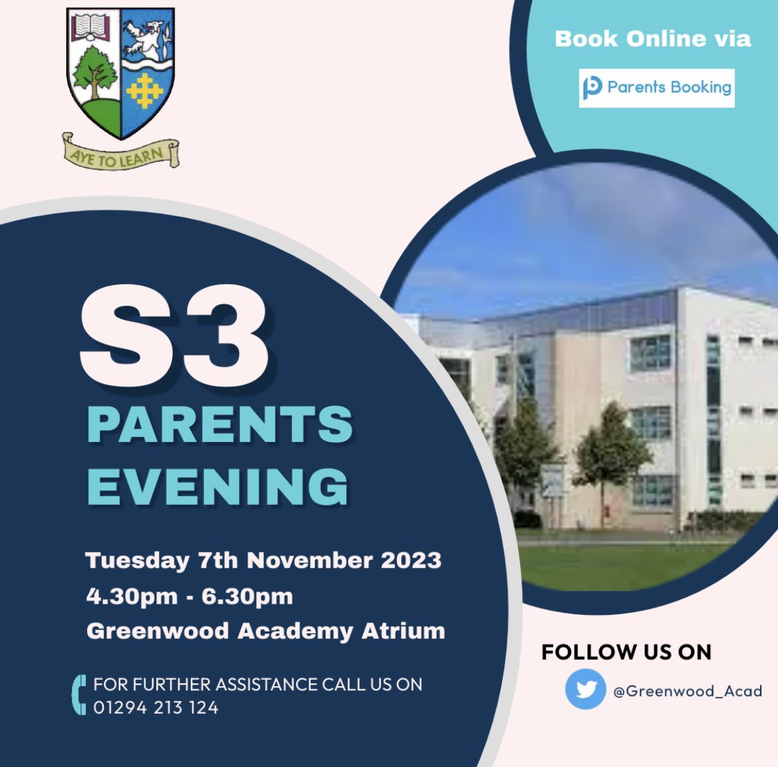 Greenwood_Acad's tweet image. A reminder that S3 Parents Evening is scheduled for Tuesday 7th November. Booking information has been emailed to parents/carers. Any issues please contact our school office. #nextstepsinlearning