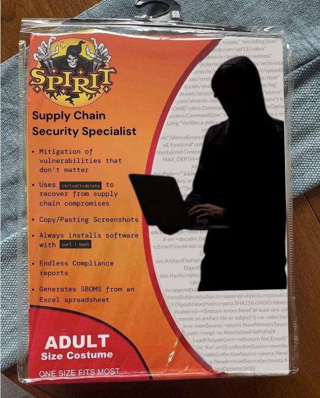 For anyone looking for a last minute Halloween Costume... We hear that supply chain security experts get paid well... This kit could get you started. 😎 💻 

Stay safe out there in the digital world.

#halloween #cybersecurity #softwaresupplychain