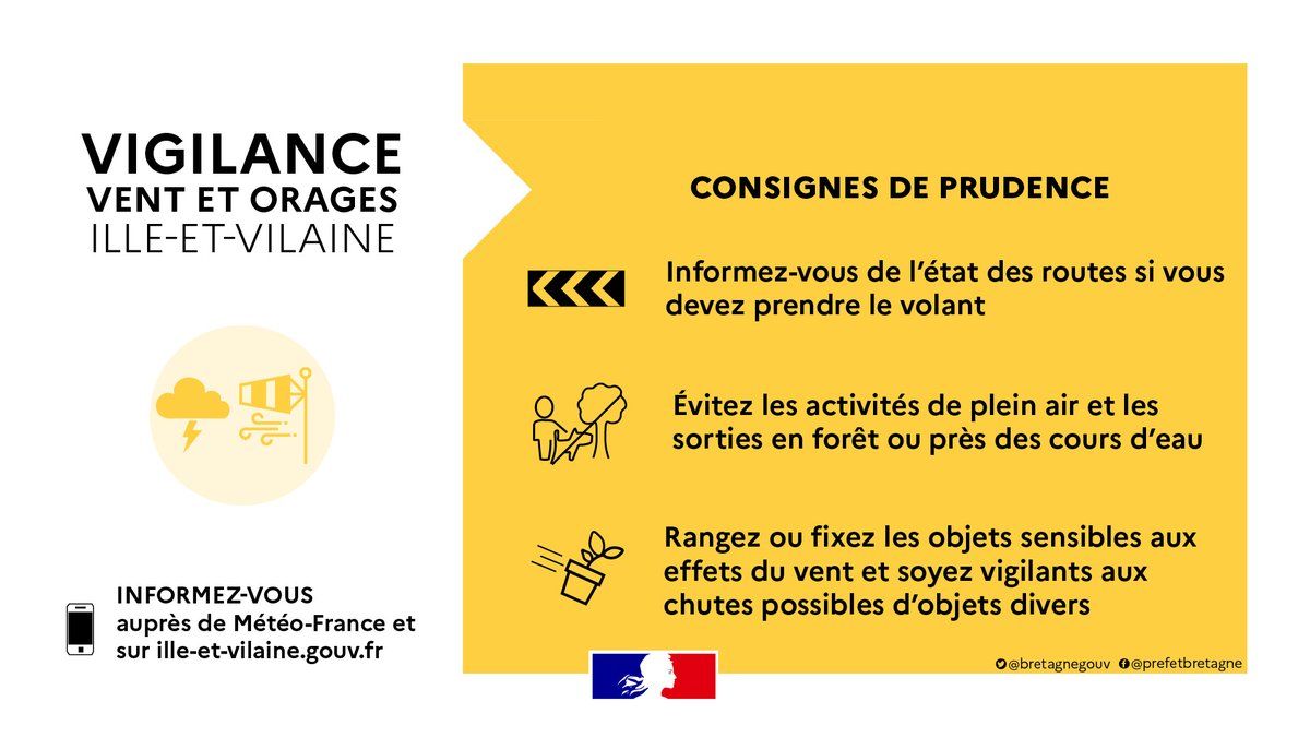 #Météo |🟡 Le département d'#IlleEtVilaine est placé en vigilance jaune pour risque d'#orages et de #vents
 
➡️ Rafales de 80 à 100 km/h attendues
➡️ Averses orageuses avec impacts de foudre possibles
 
⚠️ Suivez l’évolution de la situation : vigilance.meteofrance.fr/fr/ille-et-vil…