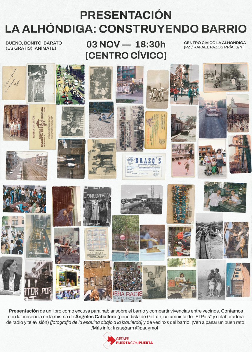 ¡Tenemos plan para el próximo viernes! El 3 de noviembre presentamos el libro de Paula Gª Molina “La Alhóndiga: construyendo barrio”

Nos vemos a las 18:30 en el centro cívico de La Alhóndiga #Getafe. ¡Contaremos con la gran periodista getafense <a href="/macaballeroma/">Ángeles Caballero</a>!

¡Os esperamos! 📚