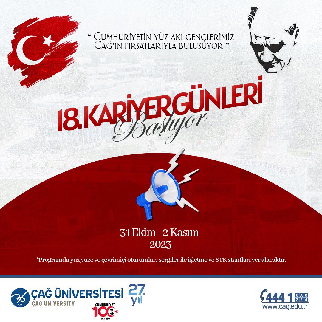 cagkariyer_'s tweet photo. Cumhuriyet’in Yüz Akı Gençlerimiz Çağ’ın Fırsatlarıyla Buluşuyor.

18. Kariyer Günleri’miz Başlıyor 📣

31 Ekim - 1 Kasım - 2 Kasım 2023 https://t.co/sJ6YqSROsn