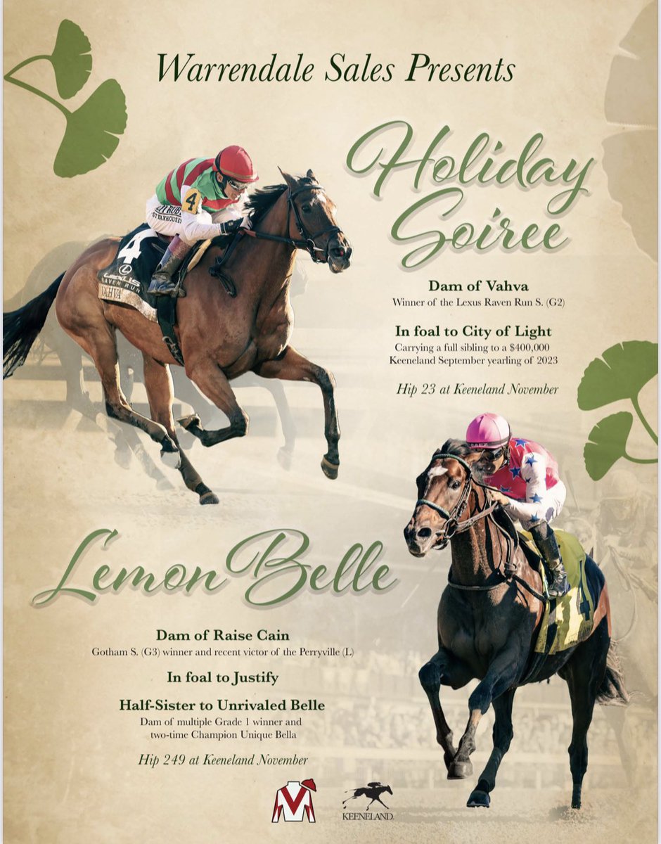 theTDN's tweet image. 👉 @WarrendaleSales presents…

🎄 Holiday Soiree, dam of VAHVA, in foal to City of Light
🍋 Lemon Belle, dam of RAISE CAIN, in foal to Justify

Selling at @keenelandsales November.