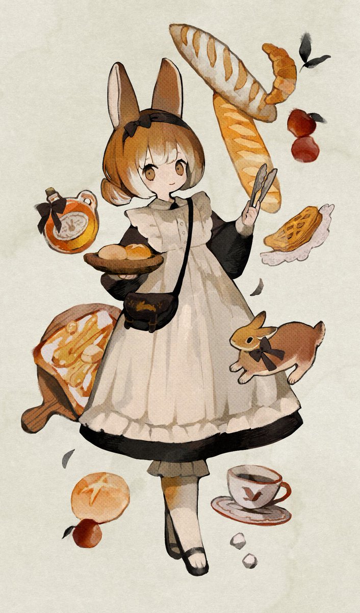 1girl food animal ears bread apron dress holding  illustration images