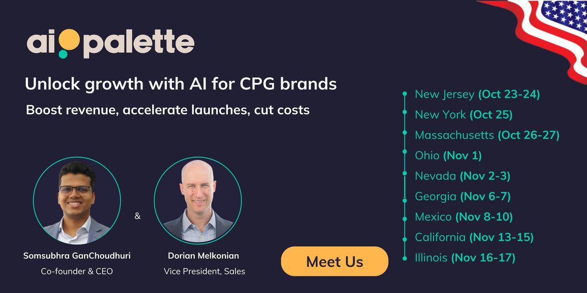 Exciting Announcement!!! 📢

Somsubhra and Dorian are currently on a groundbreaking US tour with a mission to revolutionize the CPG sector using advanced AI solutions.

We'd love to engage and explore collaborative possibilities with you.
lnkd.in/dm7PCgPv

#AIPalette #CPG