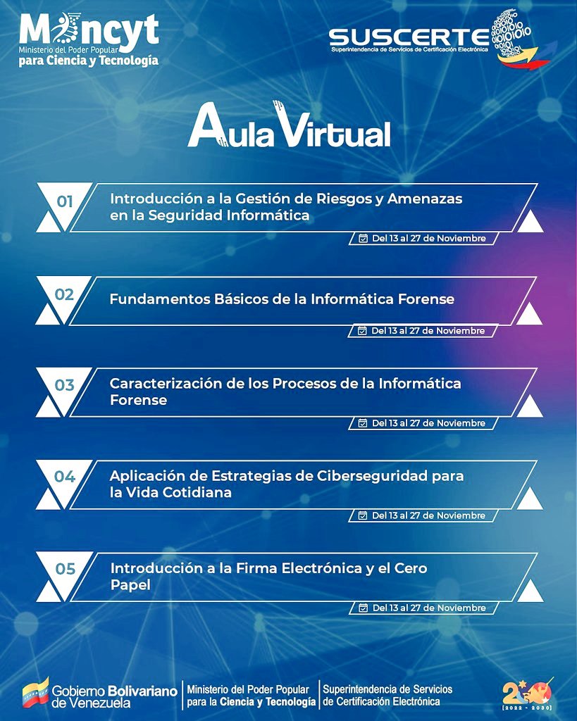 📣 Atención: te ofrecemos la oportunidad de prepararte para la nueva Era Digital. 

Desde  <a href="/SUSCERTE/">SUSCERTE</a> invitamos a participar en sus 10 cursos gratuitos relacionados al área de seguridad informática, criptografía, ciberseguridad e informática forense.

Tienen oportunidad de