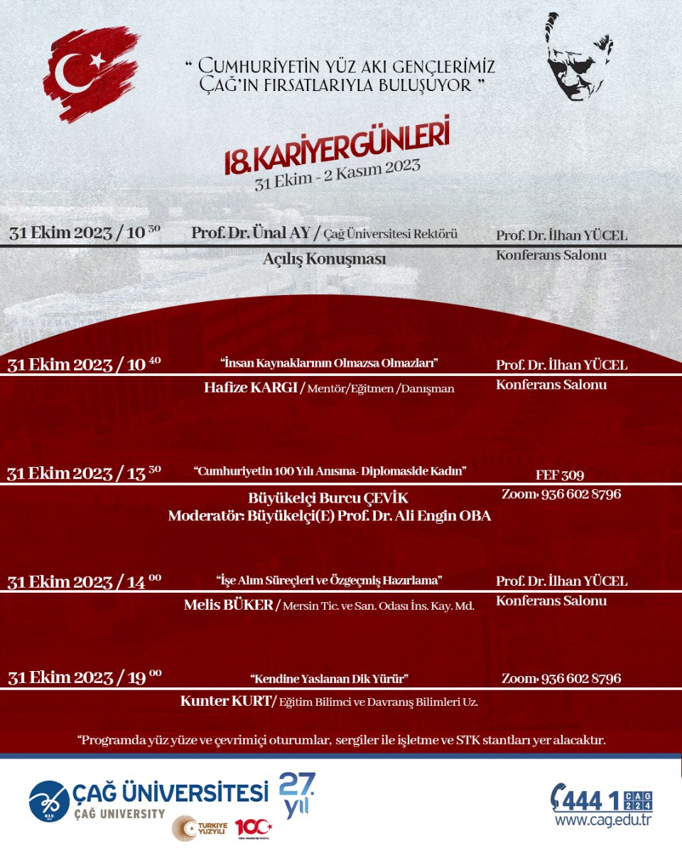 cagkariyer_'s tweet photo. Çağ Üniversitesi 18. Kariyer Günleri Program Akışı

31 Ekim - 1 Kasım - 2 Kasım 2023 https://t.co/uBErFlPGNP