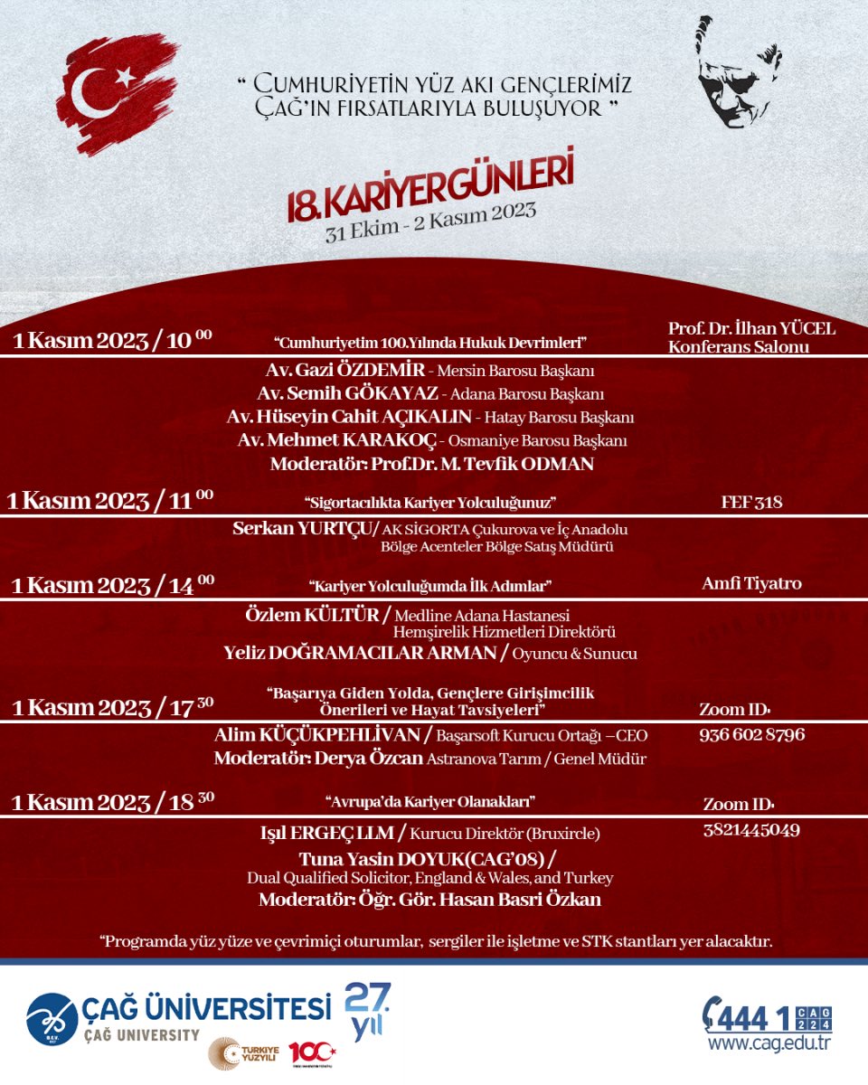 cagkariyer_'s tweet photo. Çağ Üniversitesi 18. Kariyer Günleri Program Akışı

31 Ekim - 1 Kasım - 2 Kasım 2023 https://t.co/uBErFlPGNP