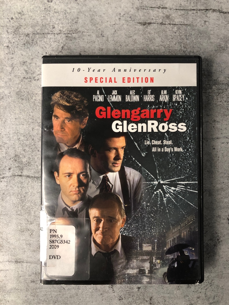 Movie of the Week: Glengarry GlenRoss

Call Number: PN1995.9.S87 G5342 2009  

Written by David Mamet and filled with stylistic dialogue. An actor's paradise featuring Al Pacino, Jack Lemmon, Alec Baldwin, and Kevin Spacey. Warning: It's not a warm and fuzzy movie.