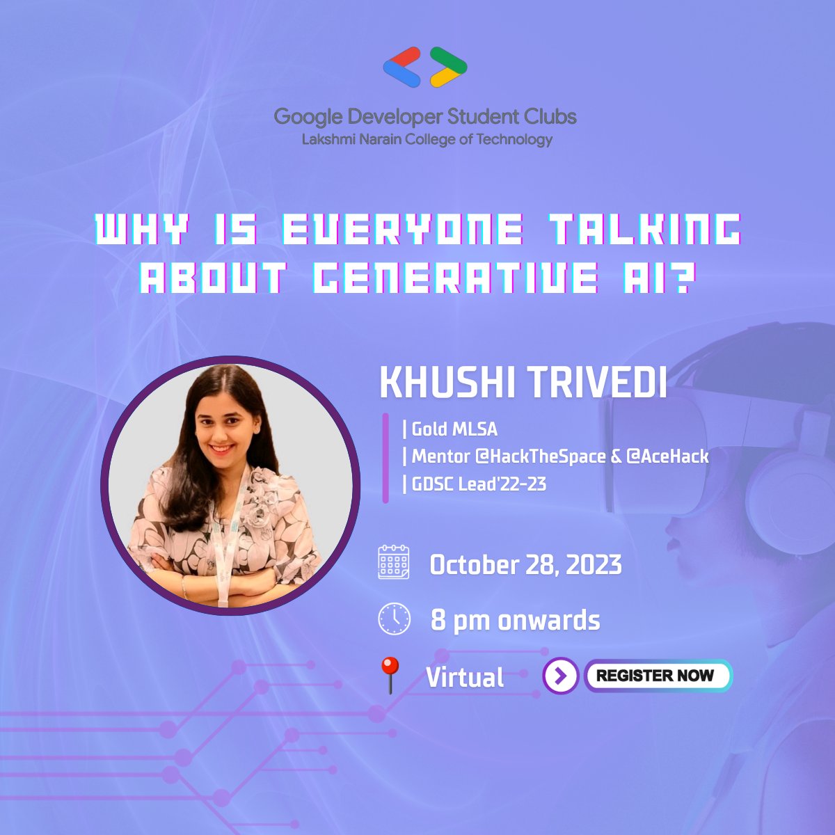 gdsclnct's tweet photo. Join us for an inspiring online talk with @KhushiT113!
Khushi brings her expertise to our session on "Why is Everyone Talking About Generative AI?"

🗓 Date: October 28, 2023
🕗 Time: 8:00 PM onwards
👉 Save the Date and Join us virtually!

RSVP here: https://t.co/1n85Ayf77n https://t.co/M2PED1gCLk