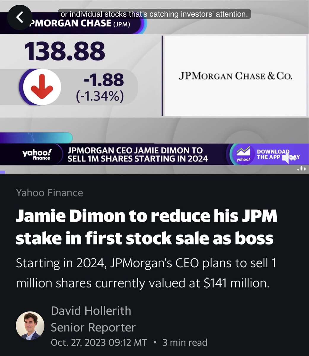 Starting in January 2024, #JPMorgan CEO Jamie Dimon will sell 1,000,000 shares of his own JPMorgan stock for 'for financial diversification and tax-planning purposes”, according to Yahoo!

….“probably nothing”

#SystemicRisk #BankCrisis #MemeBanks #PonziScheme #Epstein