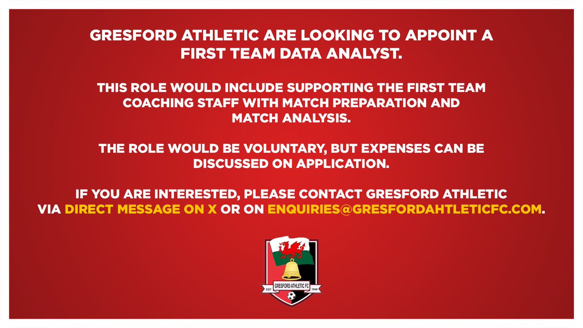GresfordFC's tweet photo. 📊 | @GresfordFC are looking to appoint a First Team Data Analyst.

The voluntary role would include supporting the First Team Coaching Staff with match preparation &amp; analysis.

If you are interested, please contact via direct message on X or on enquiries@gresfordathleticfc.com. https://t.co/k6sAP2Ui3h