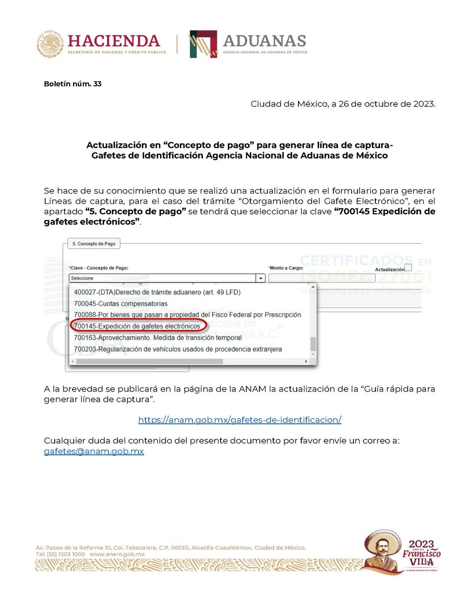 ClaaMx's tweet photo. Boletín núm 33 #ANAM - Actualización en “Concepto de pago” para generar línea de captura - Gafetes de Identificación Agencia Nacional de Aduanas de México.
#CLAAInforma #ComunidadCLAA #AgenteAduanal https://t.co/8M3KD4V9QV