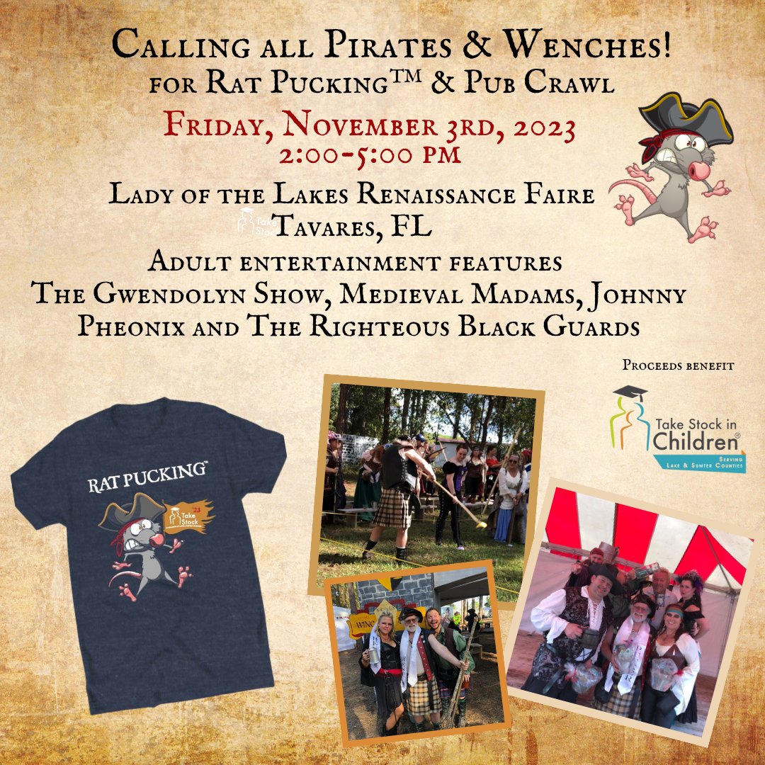 Only one more week until Rat Pucking™ and we can't wait to experience the @Lady of the Lakes Renaissance Faire unlike any others. Did you buy your tickets yet? 
If not, you can purchase your Rat Pucking™ tickets under the special event tab here: lnkd.in/eNzYDrdM