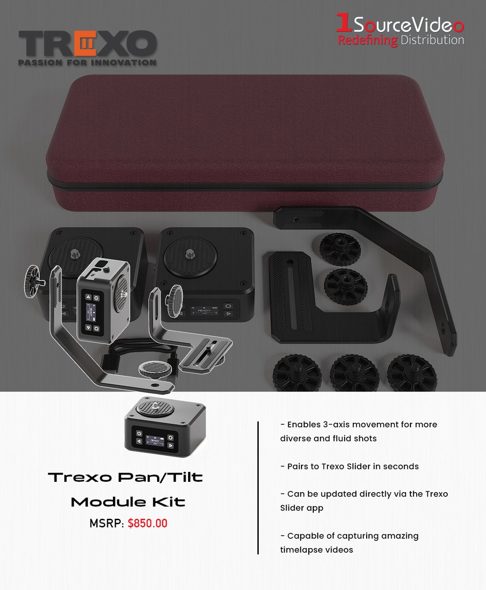 1sourcevideo's tweet photo. The @Trexoin Pan/Tilt Module Kit enables 3-axis movement for your camera!
#1SourceVideo #TrexoInnovation #TrexoPanTiltModuleKit #TrexoSlider #TrexoSliderXL #motioncontroltool #pan #tilt #3axis #handheldcamera #videoproduction #filmmaking #distribution #RedefiningDistribution https://t.co/wNlGJVNCeW