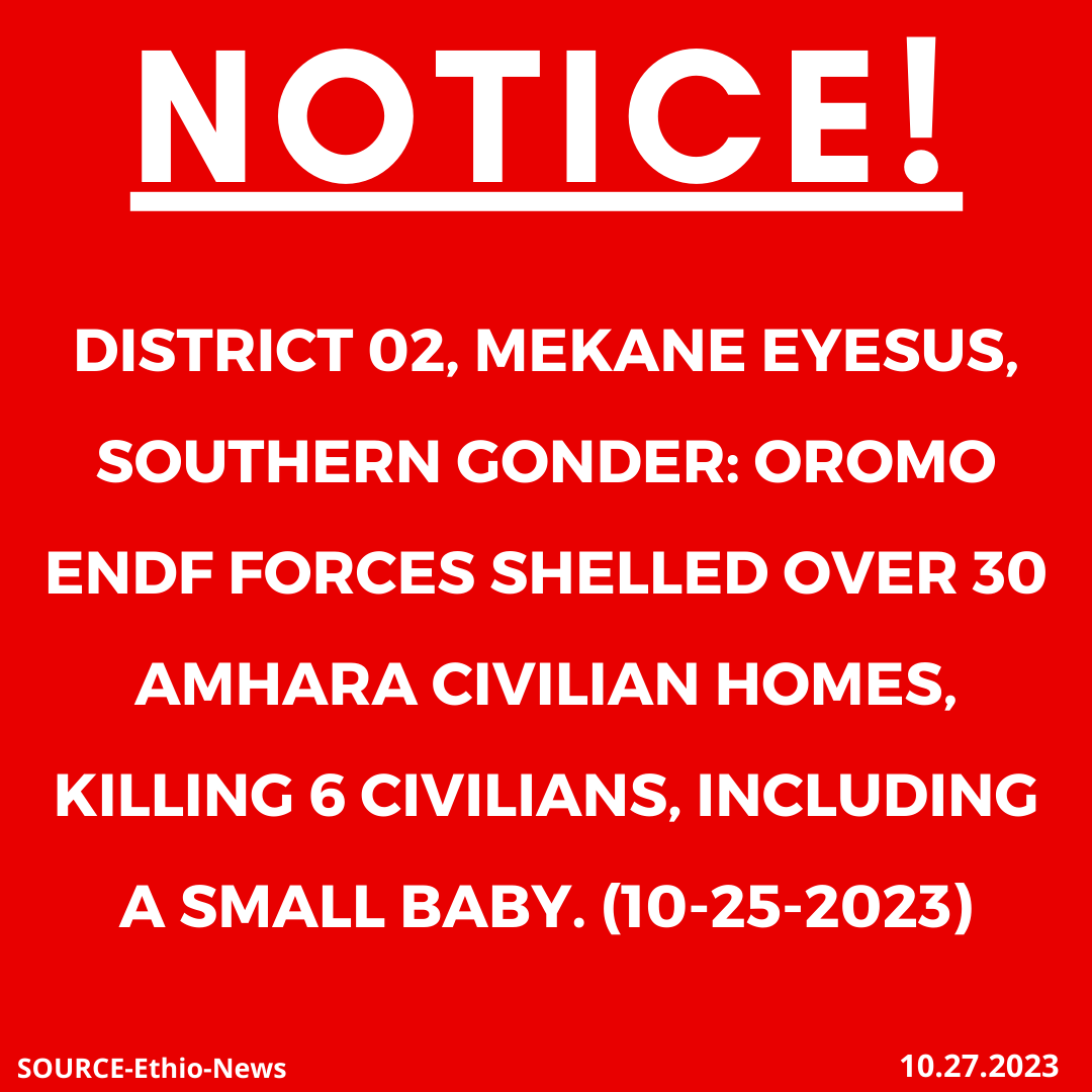 xotrinx1's tweet photo. INFO: ๐District 02, Mekane Eyesus, Southern Gonder: Oromo ENDF forces shelled over 30 Amhara civilian homes, killing 6 civilians, including a small baby. (10-25-2023)
#Ethiopia #xotrin #Mersamurder #OromOENDF #Amhararegion #NorthernWello #OromoENDFmurder https://t.co/sBCyNzCrrQ