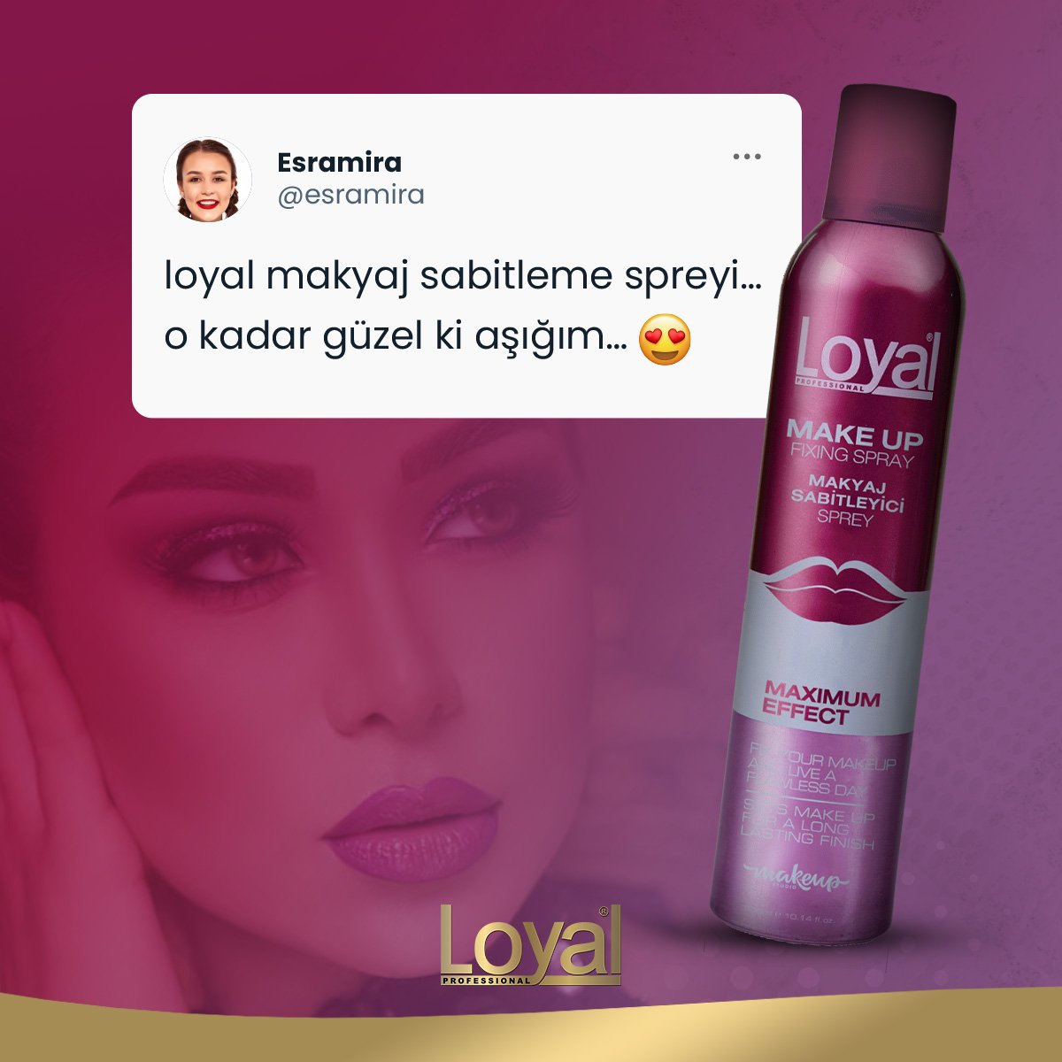 LoyalTurkiye's tweet photo. ✨ Makyajını Sabitlemenin Cazibesi!

Loyal Makyaj Sabitleme Spreyi, sadece makyajımı sabitlemekle kalmıyor, aynı zamanda bana güzelliğin gücünü hatırlatıyor. Bu spreyi kullanmak, her günümü büyülü bir deneyime dönüştürüyor. Loyal'e aşkla bağlıyım! 💖 

#LoyalTurkiye https://t.co/V6UZHW5GYS