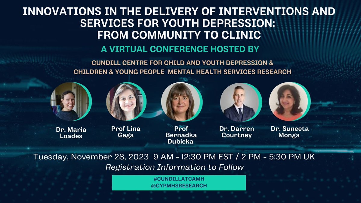 drpeterszatmari's tweet photo. Register today for the Cundill Centre x Nottingham UK Conference, "Innovations in the Delivery of Interventions &amp; Services for Youth Depression: From Community to Clinic", Tues Nov 28, 9 AM EST: https://t.co/PQjMx3h60o #CundillatCAMH https://t.co/jdzEKaowb9