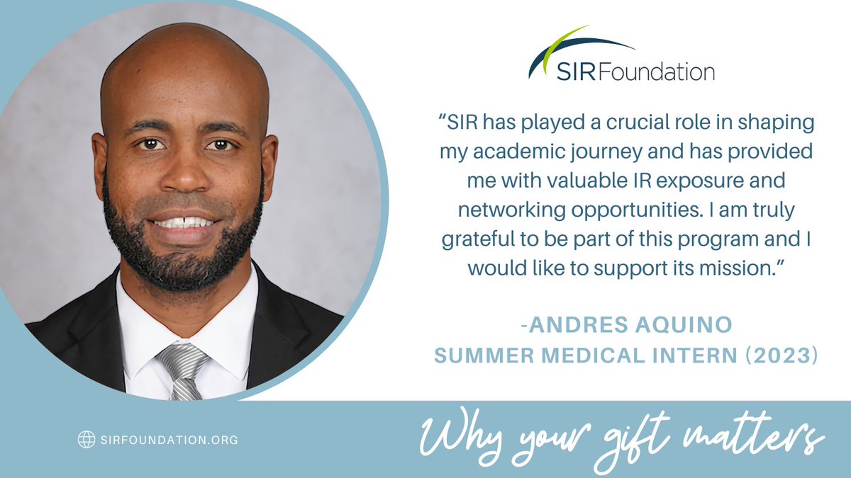 SIRspecialists's tweet photo. Summer medical intern, Andres Aquino, says your gift played a crucial role in shaping his academic journey that provided valuable IR exposure. Your gift matters!

#SIRFoundation #InterventionalRadiology #IR #Research #IRad #MedEd #SIRSpecialists https://t.co/ucpWgu9XlB