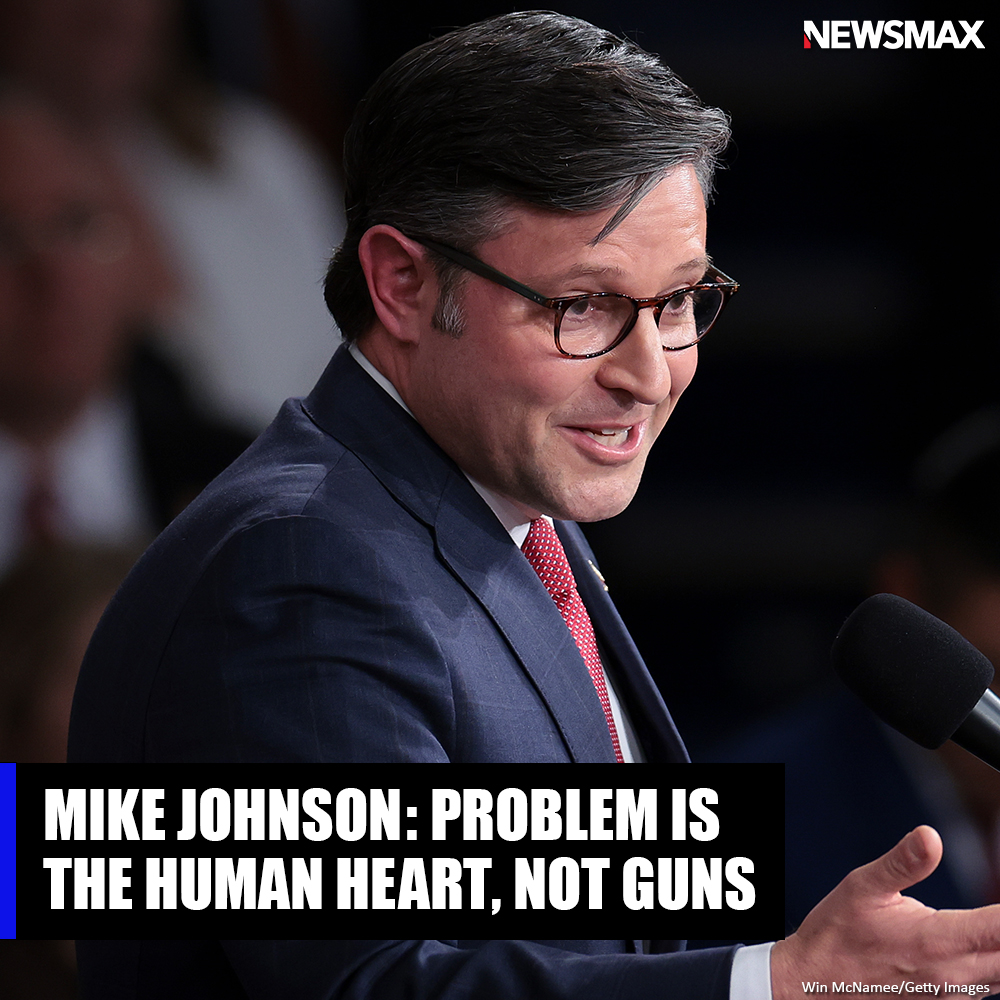 NEWSMAX's tweet photo. Speaker of the House Mike Johnson, saying it is not the time to discuss any legislation aimed at controlling firearms, maintained the "problem is the human heart, not guns." MORE: https://t.co/YFmpfoyWXn https://t.co/uKRiUIMtyM