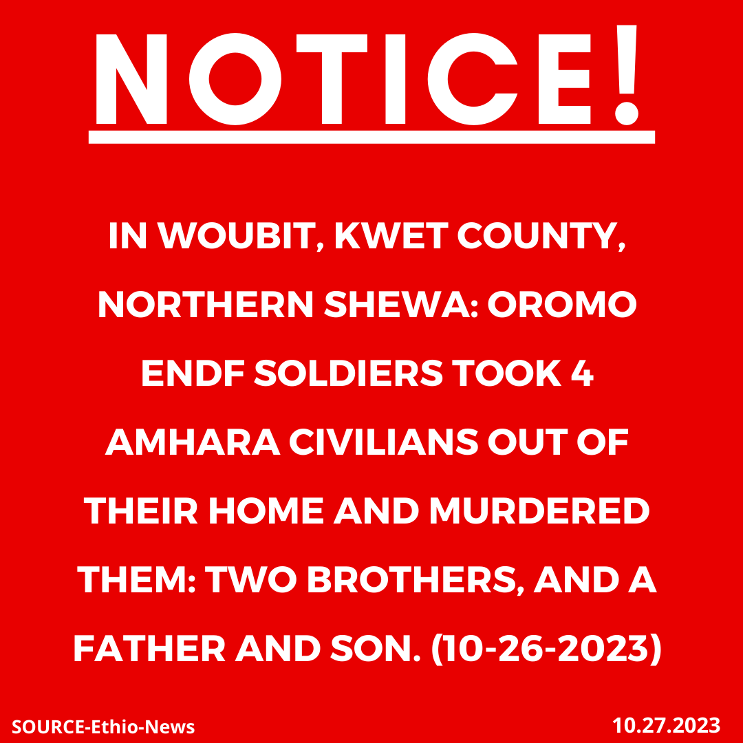 xotrinx1's tweet photo. INFO: ๐In Woubit, Kwet county, Northern Shewa: Oromo ENDF soldiers took 4 Amhara civilians out of their home and murdered them: two brothers, and a father and son. (10-26-2023)
#Ethiopia #xotrin #Mersamurder #OromOENDF #Amhararegion #NorthernWello #OromoENDFmurder https://t.co/OkgzIhJPV0