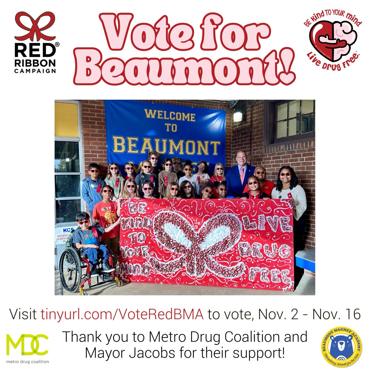 Beaumont Magnet Academy (@beaumontmagnet) on Twitter photo Voting starts NOW! Please vote for BMA in the <a href="/redribbonweek/">Red Ribbon</a> photo contest at tinyurl.com/VoteRedBMA - you can vote once daily now 'til Nov 16! Thank you to <a href="/MetroDrug/">Metro Drug Coalition</a> and <a href="/GlennJacobsTN/">Glenn Jacobs</a> for their support! Remember, Be Kind to Your Mind! Live Drug Free! Voting starts NOW! Please vote for BMA in the <a href="/redribbonweek/">Red Ribbon</a> photo contest at tinyurl.com/VoteRedBMA - you can vote once daily now 'til Nov 16! Thank you to <a href="/MetroDrug/">Metro Drug Coalition</a> and <a href="/GlennJacobsTN/">Glenn Jacobs</a> for their support! Remember, Be Kind to Your Mind! Live Drug Free!