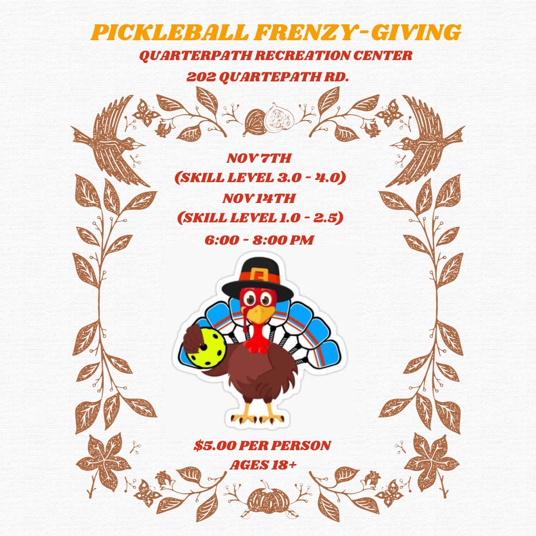 emthomas01's tweet photo. Celebrate the season🍂🦃 with family and friends @WilliamsburgRec’s Pickleball Frenzy-Giving!🏓

Nov 7 &amp; 14, 6-8 PM

Only $5/person, Must be 18+

Register at https://t.co/vXkH4hnZso by the Wednesday before, Spots are limited

#playwburg #williamsburgva #SRM435 https://t.co/iEEGFxkcPC