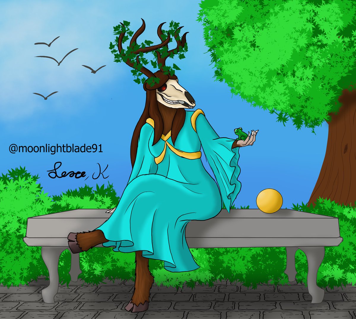 Moonlightblad91's tweet photo. It's October and we all know what that means, it's the #Halloween month. And like every year, my #DNDcharacters get excited and show off their #halloweencostume  Here is Ivy in her The Frog Prince inspired costume.   
#dnd #wendigo #art #lillustration #oc #ocart #farytail https://t.co/l85Yx9O2AC