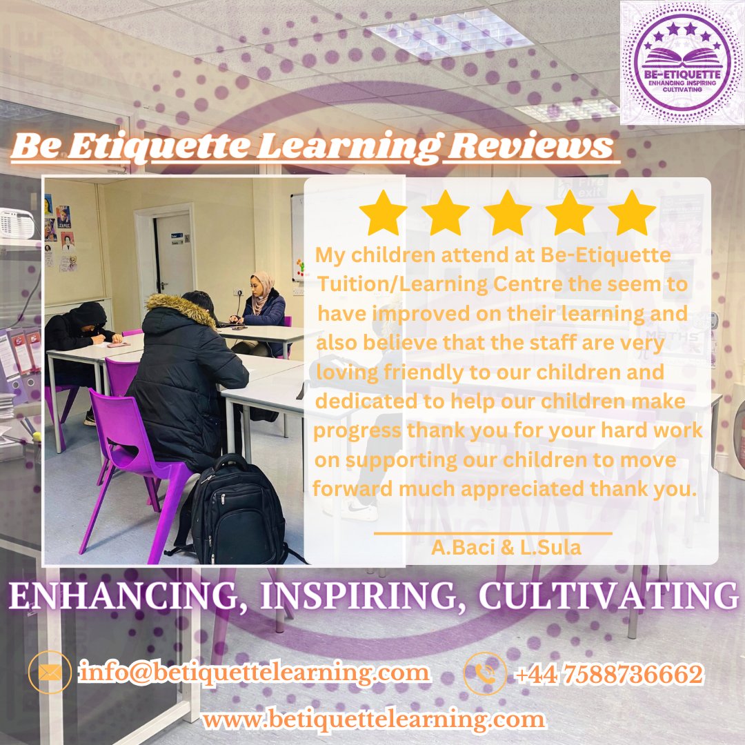 Do you want to improve your child’s education?

We want to make a difference in your child’s education.

Be Etiquette Learning Centre
7-9 Yeovil Road
Luton
LU2 9EE

#learning #education #english #maths #science #gcse #sats
#learningisfun #primaryschools #secondaryschools #Review