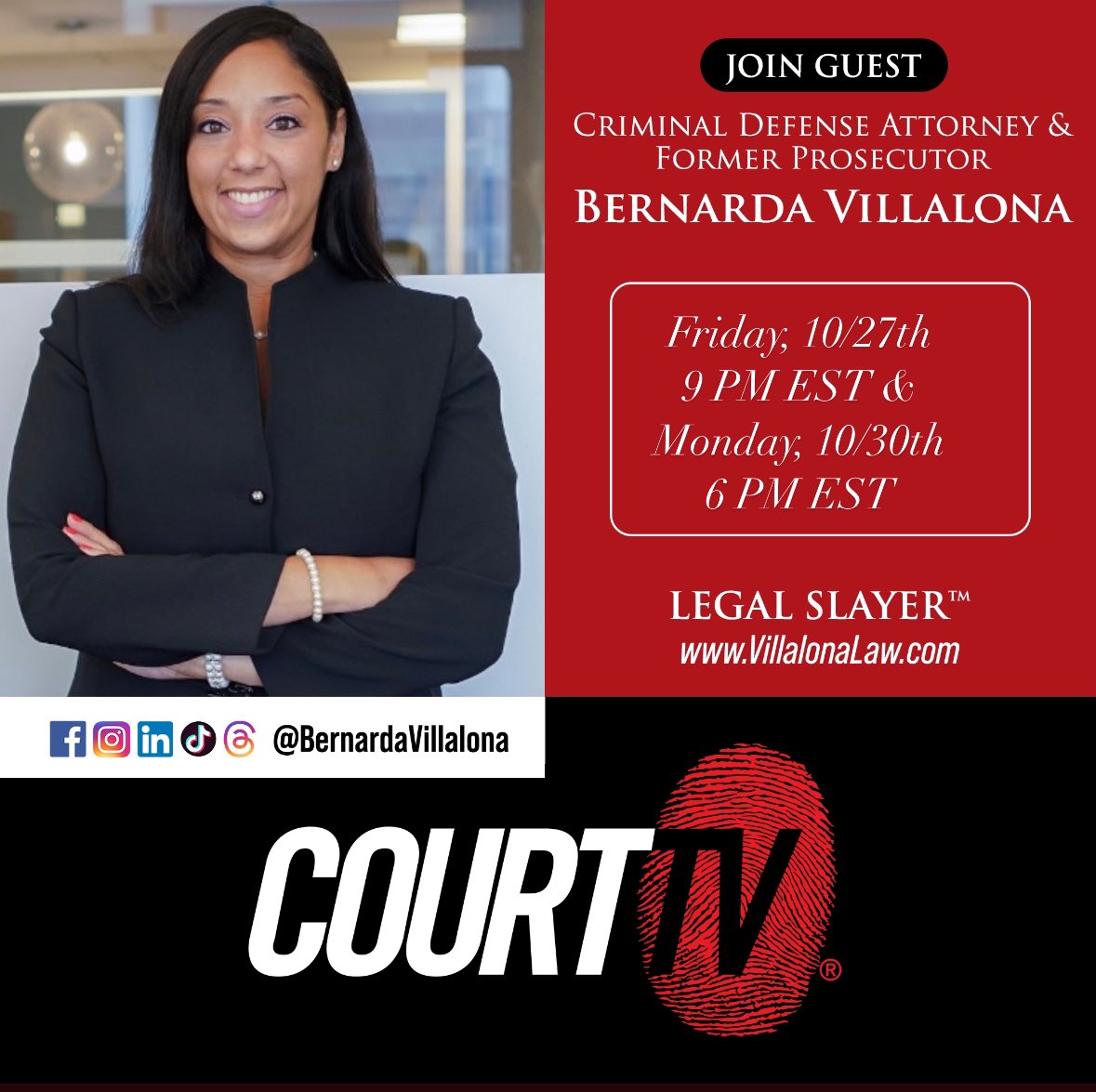 VillalonaLaw's tweet photo. TGIF! …tune in 📺 Friday, 10/27th at 9 PM EST to #CourtTV #ClosingArguments #ThinkTank & on Monday, 10/30th at 6 PM EST. #LegalAnalyst @CourtTV
#villalonalaw #villalona #BernardaVillalona #LEGALSLAYER™ #legalslayer #legalcontributor #criminaldefenseattorney #criminaldefense #prosecutor #trialexpert #trialconsultant #FormerNYprosecutor #formerprosecutor #justice #trialattorney #trial #jurytrial #guilty #notguilty #voiceofvoiceless #legalcommentary