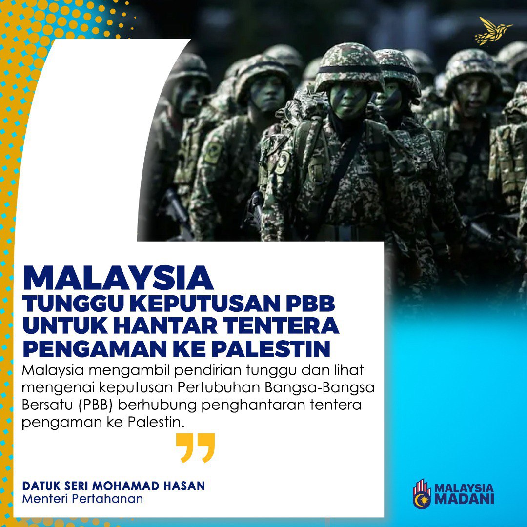 drpulaupinang's tweet photo. MALAYSIA TUNGGU KEPUTUSAN PBB UNTUK HANTAR TENTERA PENGAMAN KE PALESTIN- @tokmatn9 
#MalaysiaMADANI #KerajaanPerpaduan #tentera #pengaman #PBB #Palestin #demirakyat #demirakyatpenang https://t.co/gbXx31N27Q