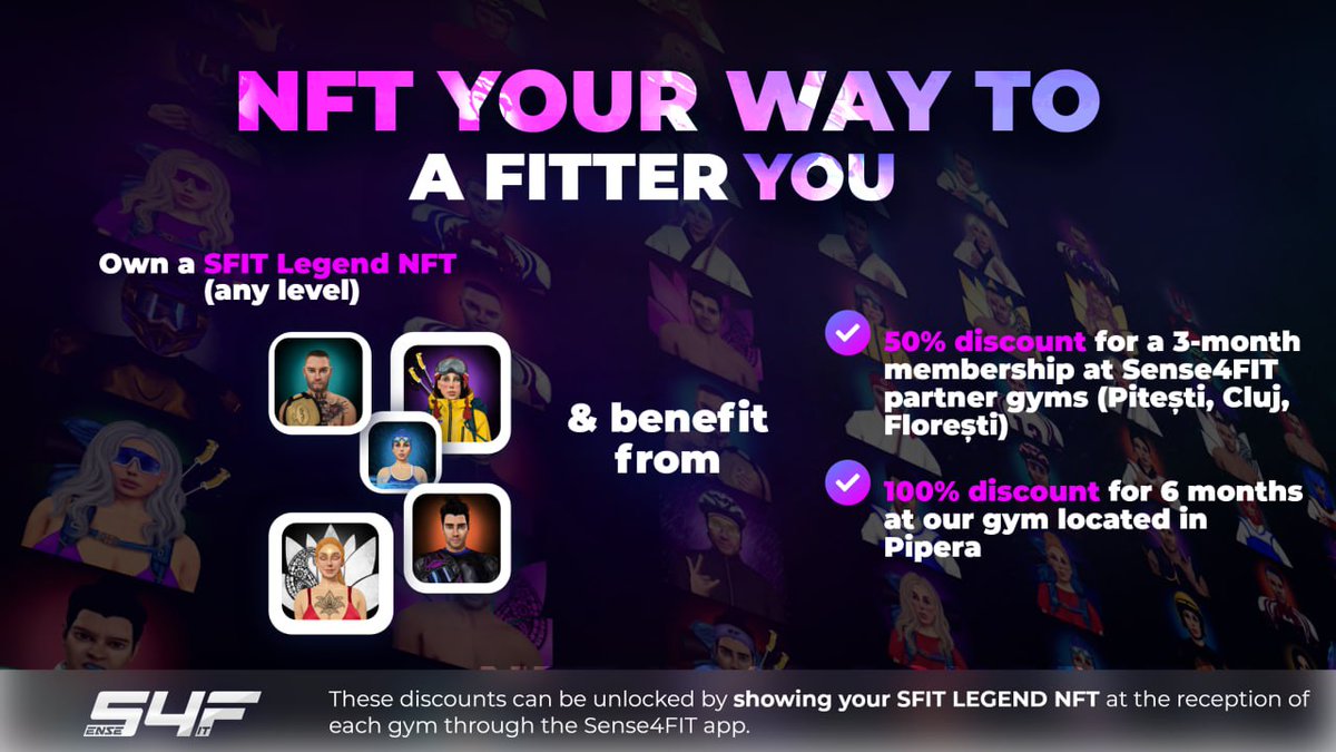 Good evening, Team!

Exciting news for all SFIT Legend NFT holders! 🎉

If you own a #SFIT Legend #NFT (of any level), you're in for some fantastic gym benefits:

🔹 Enjoy a 50% discount on a 3-month membership at our Sense4FIT partner gyms.
🔹 Get a 100% discount for 6 months at