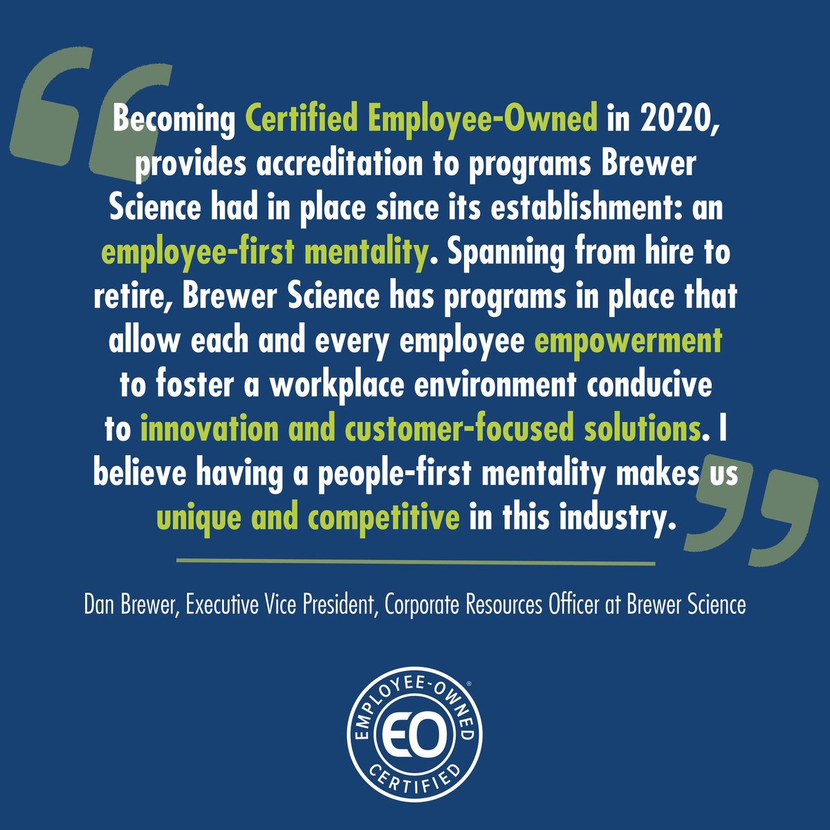 'Becoming Certified Employee-Owned in 2020, provides accreditation to programs Brewer Science had in place since its establishment: an employee-first mentality. '

Brewer Science became Certified Employee-Owned in 2020. Learn more: hubs.li/Q024c8RQ0
#EOM2023