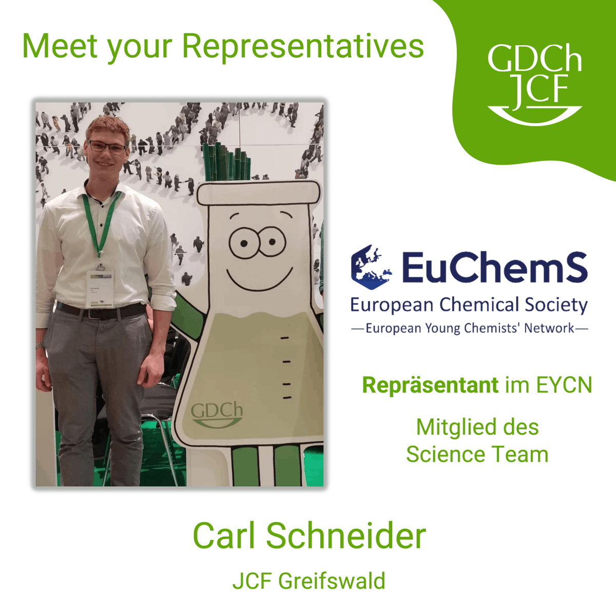 Carl ist JCF Repräsentat im EYCN und Mitglied des Science Teams. Er stärkt den wissenschaftlichen Austausch, unterstützt junge Forschende und ist Regionalvorsitz des JCF Greifswald. Carl forscht an elektroaktiven Biofilmen und beginnt bald sein Masterstudium in Biochemie.
