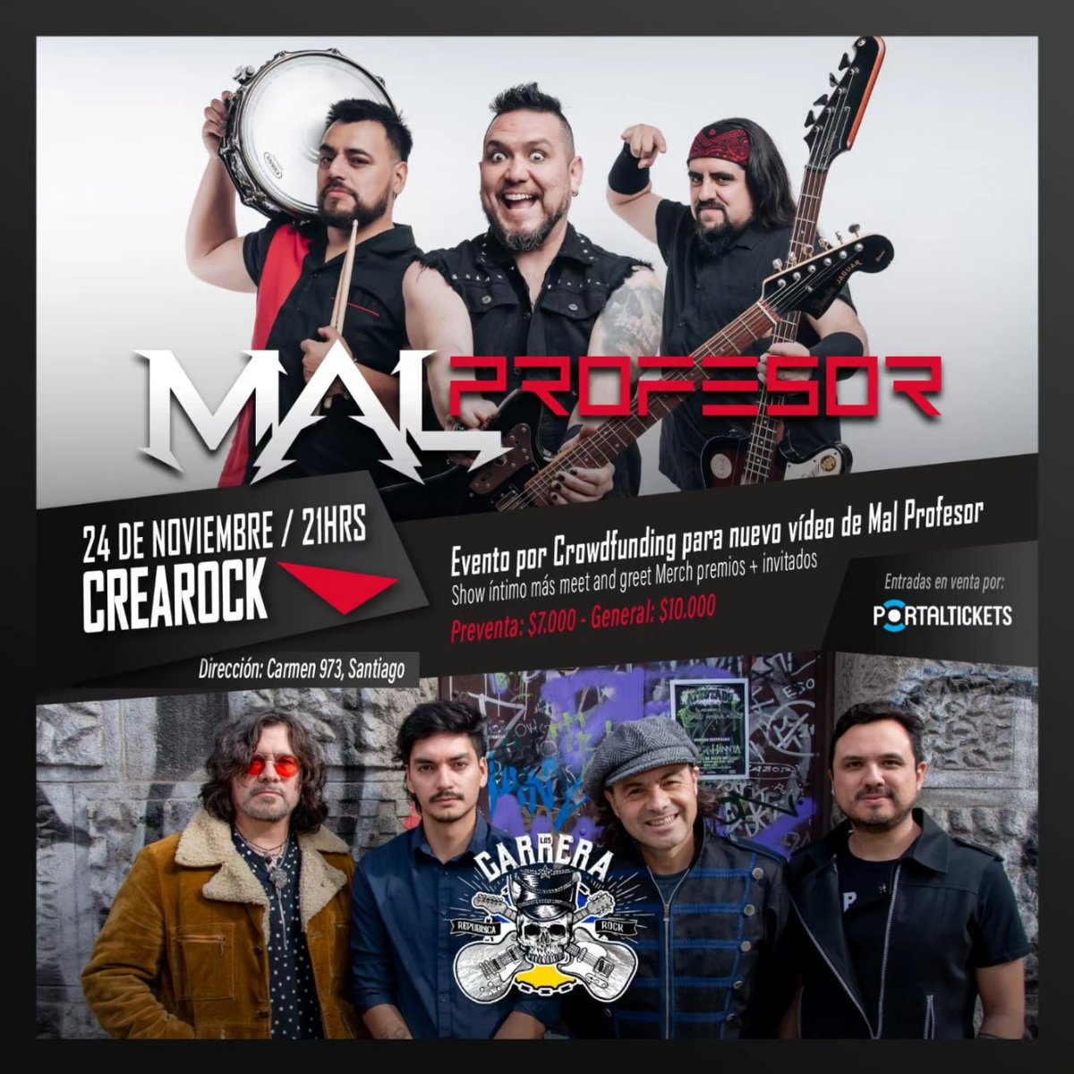 Carrerin@s! 

Tenemos nuevas presentaciones en vivo!

18/11 en Viña del Mar
24/11 Santiago

Tenemos un show con nuevas canciones que serán parte del nuevo disco! Nos vemos por la República y el Rock and Roll.

Entradas en <a href="/portaldisc/">PortalDisc</a>