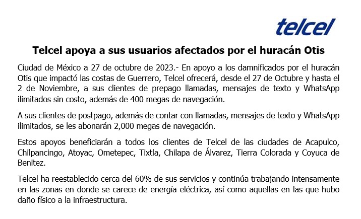 RenatoFloresC's tweet photo. . @Telcel brinda sin costo a sus usuarios de #Acapulco, Chilpancingo, Atoyac, Ometepec, Tixtla, Chilapa de Álvarez, Tierra Colorada y Coyuca de Benitez afectados por #Otis llamadas, mensajes de texto y WhatsApp ilimitados, más 400 megas en prepago y 2,000 megas en  postpago https://t.co/me12f6C4iP