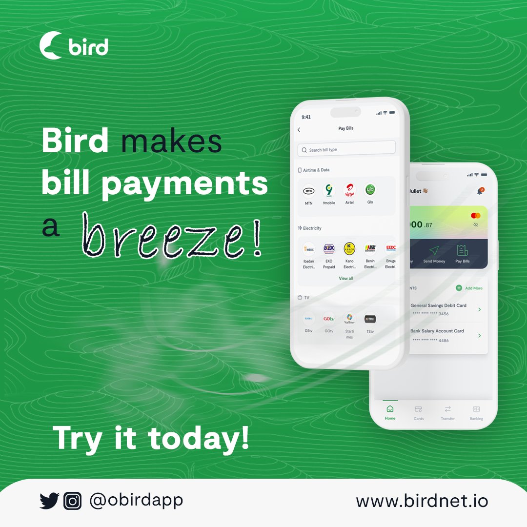 ObirdApp's tweet photo. Bird makes bill payments a breeze! Pay your utilities, airtime recharge, and more, all from the comfort of your phone. Try it today!

Find out more at https://t.co/TsEBhIyJmq

#Sendandreceivemoney
#Bird
#Moneytransfer https://t.co/vimHjM81mO