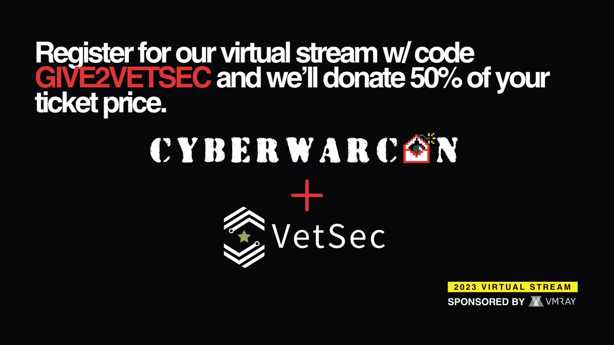 CYBERWARCON's tweet image. We&apos;re giving back! 💪🏼

When you register for the #CYBERWARCON Virtual Stream on 11/9, enter “GIVE2VETSEC” &amp;amp; we’ll donate 50% of your ticket price to @VeteranSec.

cyberwarcon.com/registration