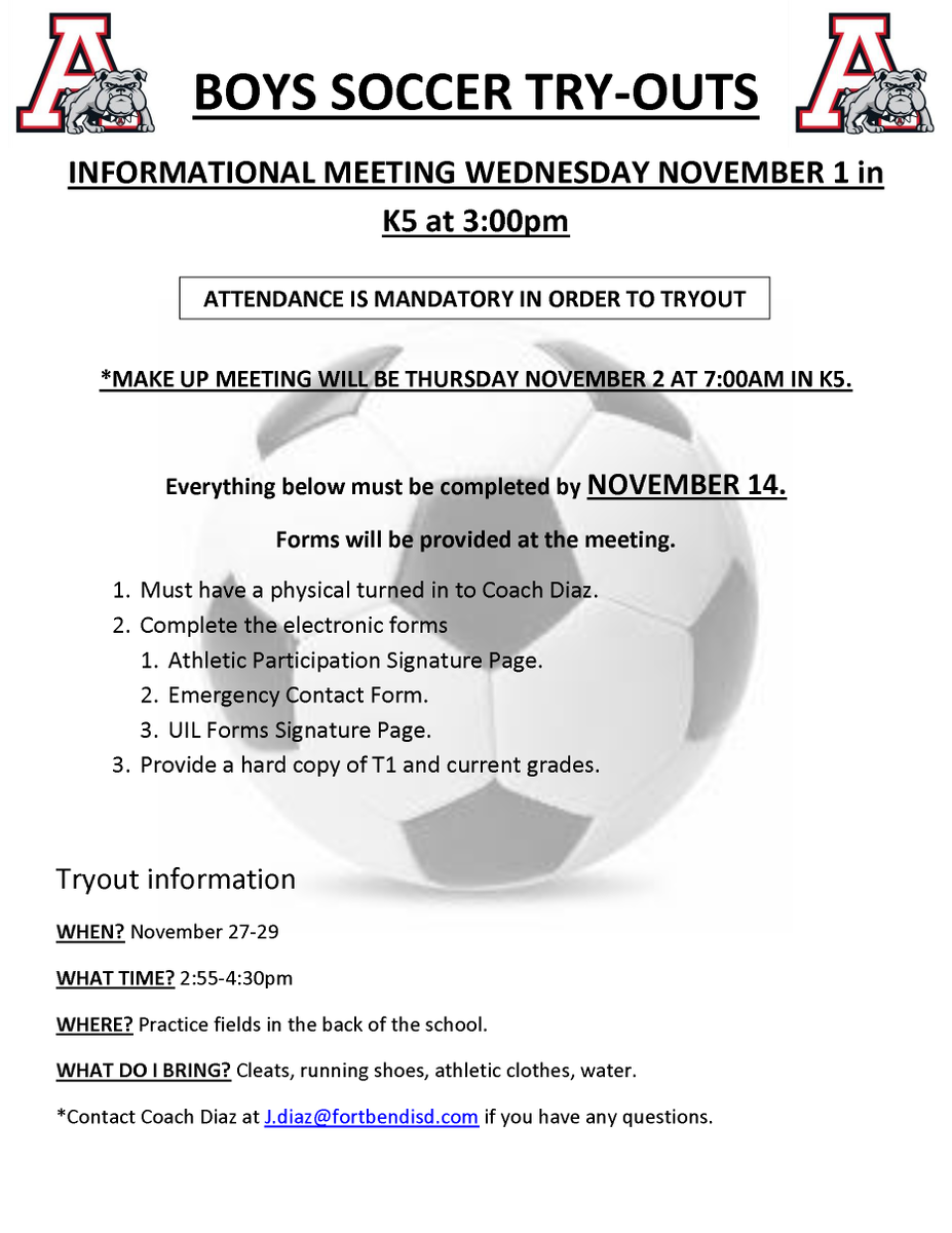 SFAHS_Bulldogs's tweet photo. Boys Soccer Interest Meeting - November 1 in Room K5 at 3:00. Attendance is mandatory to try out. Makeup Meeting on Thurs, Nov. 2 at 7:00 am in K5. Come be a part of the team. @AHSBulldogs @Soccer_FBAustin  ♥️🖤🐾⚽️ https://t.co/kU7FELvEka
