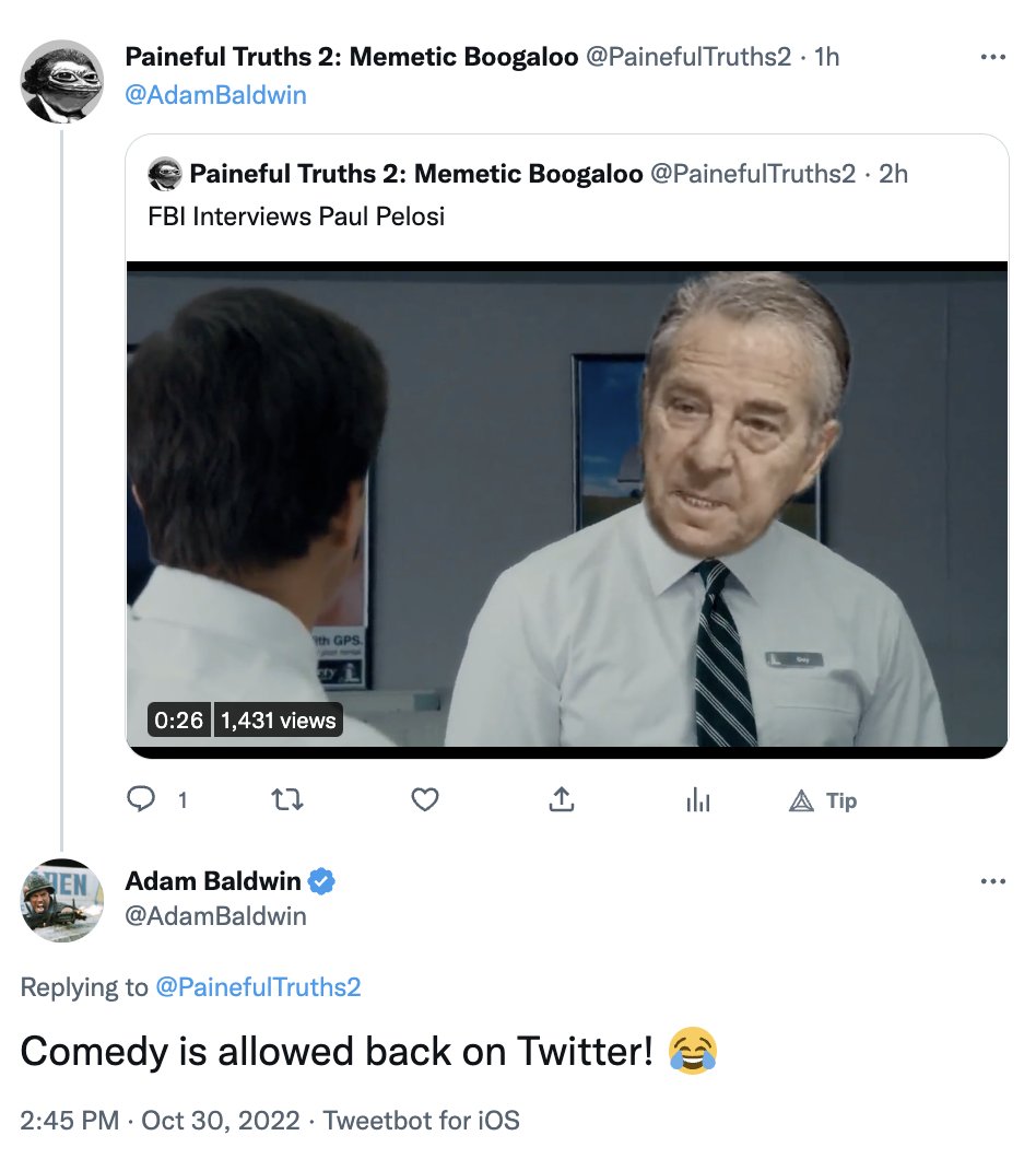 random128383589's tweet photo. @GrrrGraphics2 @elonmusk "Free speech"

Comedy didn't last long under Elon's reign. 

@AdamBaldwin

@painefultruths
@painefultruths2
@paineful_truths
@painefulmemes
@paineful_truths
@painefultv
@mememasterpaine
@privateermemes
@realpaineful
@altpaineful https://t.co/btdBGOjr0y