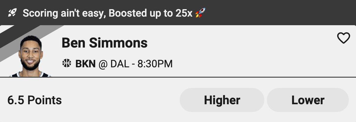 UnderdogPicks's tweet photo. This is the man that won ROTY over Donovan Mitchell and Jayson Tatum...

Our Ben Simmons sitewide Boost is LIVE 👀

Increase your Pick-5 payout from 20x to 25x when using the Boost 🚀